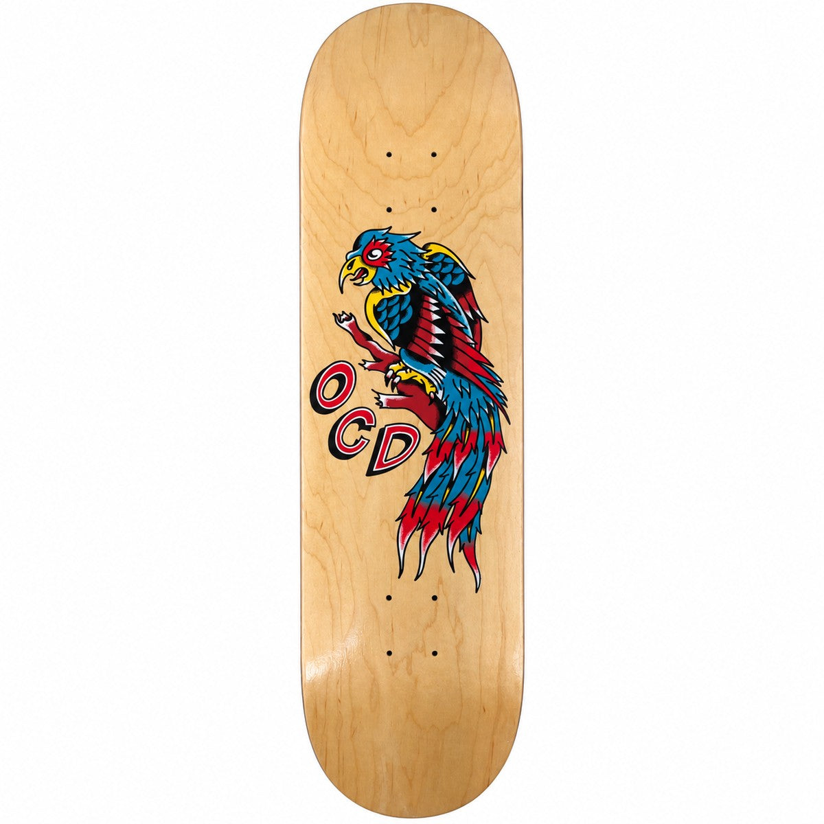 OCD Indi Giblin Parrot 8.1 skateboard deck in natural wood, full graphic view