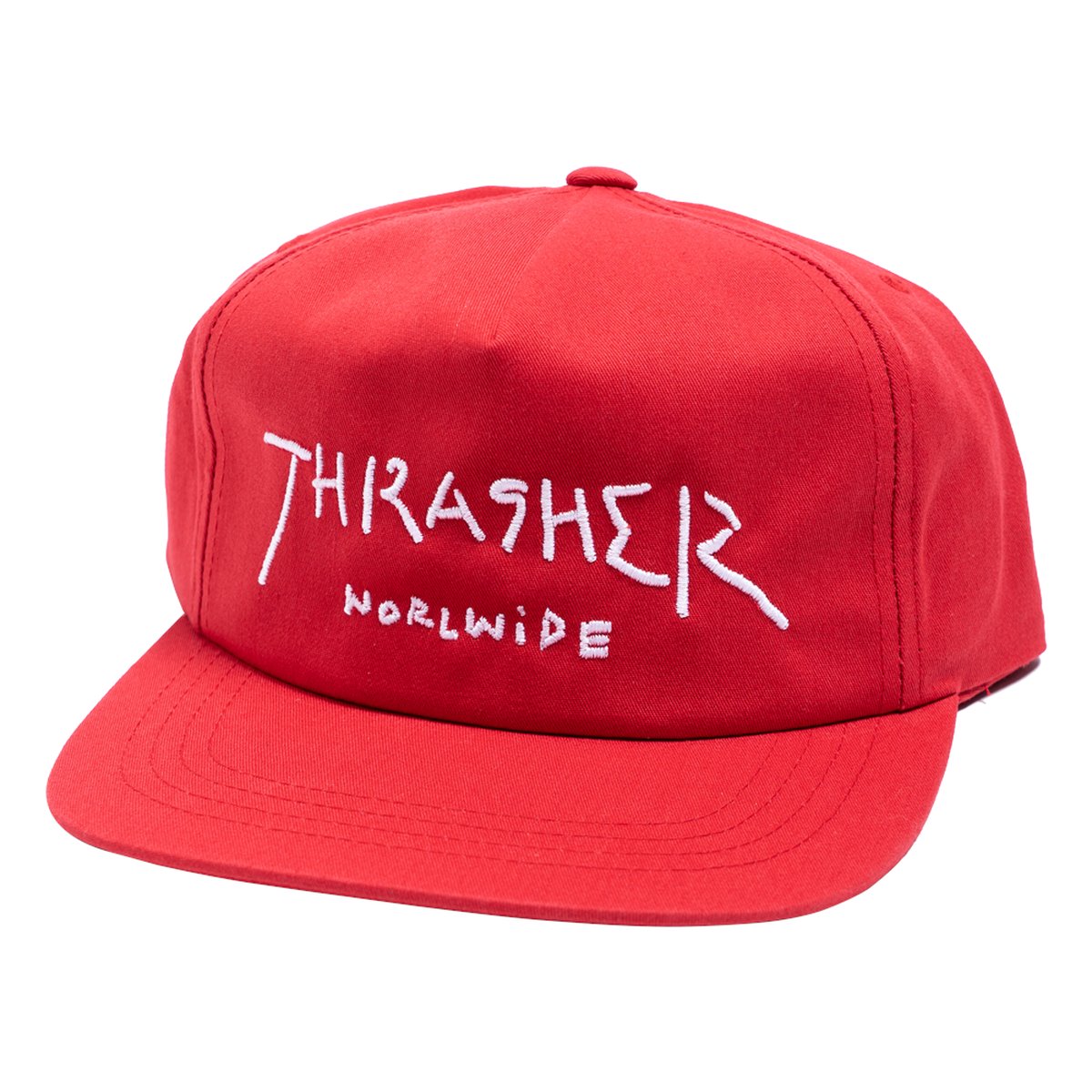 Thrasher Worldwide red snapback hat with white embroidered logo, front view